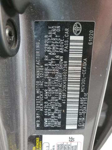 4T1BF32K45U602368 - 2005 TOYOTA CAMRY LE GRAY photo 12