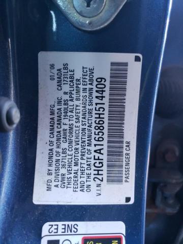 2HGFA16586H514409 - 2006 HONDA CIVIC LX BLUE photo 12