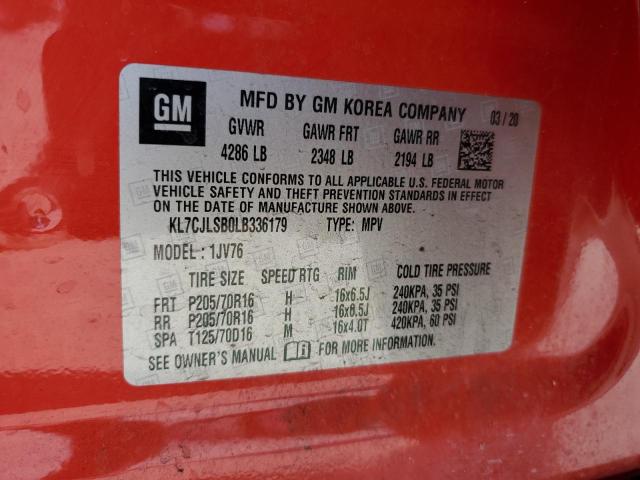 KL7CJLSB0LB336179 - 2020 CHEVROLET TRAX 1LT RED photo 12