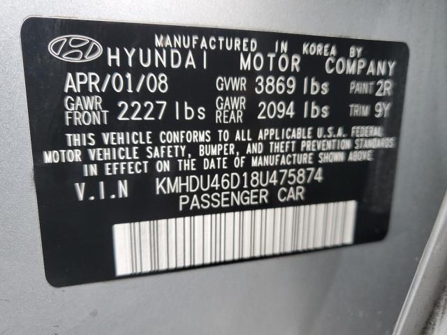 KMHDU46D18U475874 - 2008 HYUNDAI ELANTRA GLS SILVER photo 13