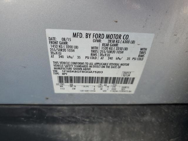 1FM5K8GT8GGA75203 - 2016 FORD EXPLORER SPORT SILVER photo 13