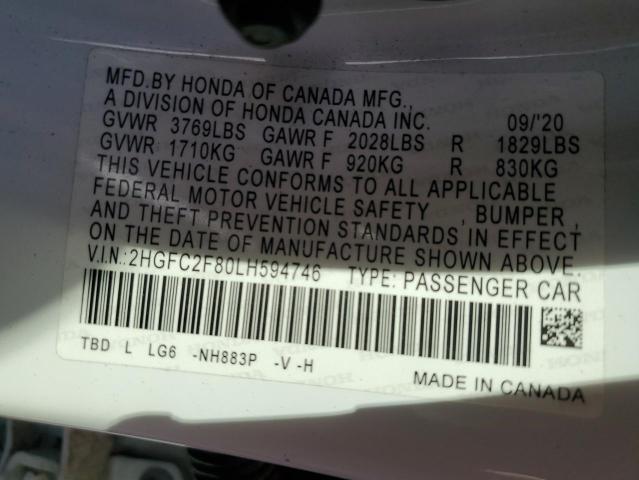 2HGFC2F80LH594746 - 2020 HONDA CIVIC SPORT 白色 照片 12