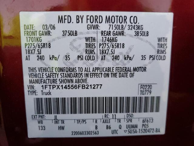 1FTPX14556FB21277 - 2006 FORD F150 RED photo 12