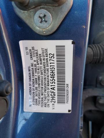 2HGFA15546H511752 - 2006 HONDA CIVIC LX BLUE photo 12