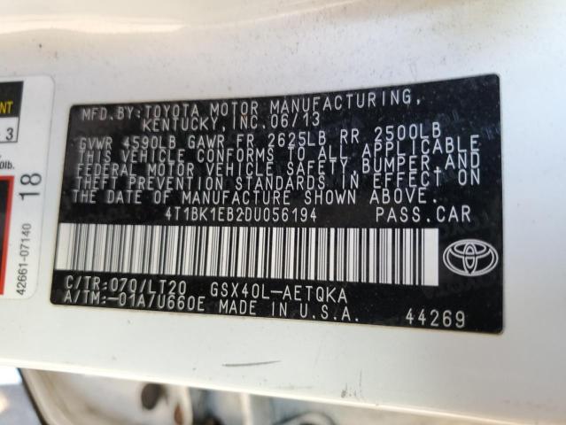 4T1BK1EB2DU056194 - 2013 TOYOTA AVALON BASE 白色 照片 12