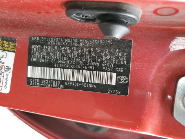 4T1BK46K07U046994 - 2007 TOYOTA CAMRY LE RED photo 12