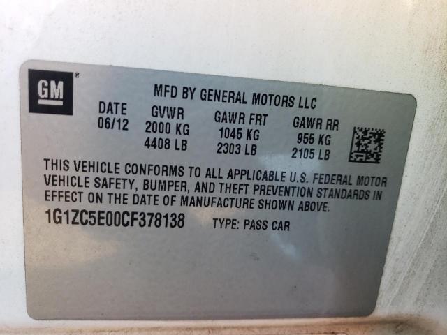 1G1ZC5E00CF378138 - 2012 CHEVROLET MALIBU 1LT 白色 照片 13