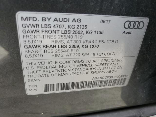 WA1BCCFS9JR008938 - 2018 AUDI Q3 PREMIUM GRAY photo 13