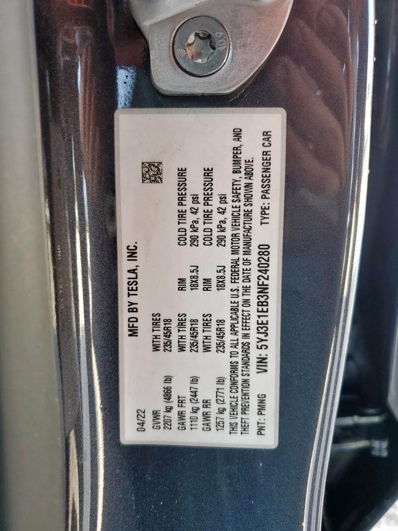 5YJ3E1EB3NF240280 - 2022 TESLA MODEL 3 GRAY photo 13