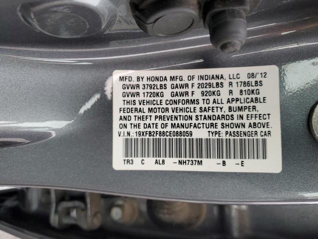 19XFB2F88CE088059 - 2012 HONDA CIVIC EX GRAY photo 12