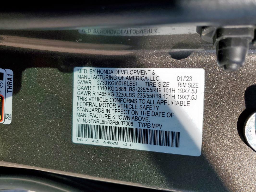 5FNRL6H82PB037008 - 2023 HONDA ODYSSEY TOURING GRAY photo 13
