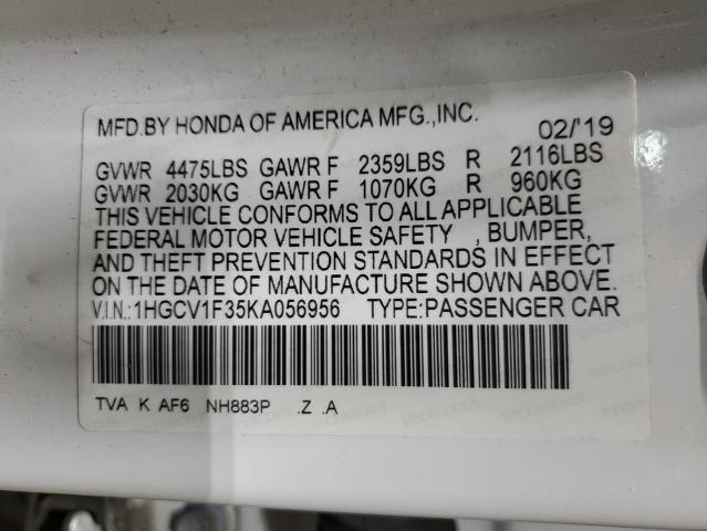 1HGCV1F35KA056956 - 2019 HONDA ACCORD SPORT თეთრი ფოტო 12