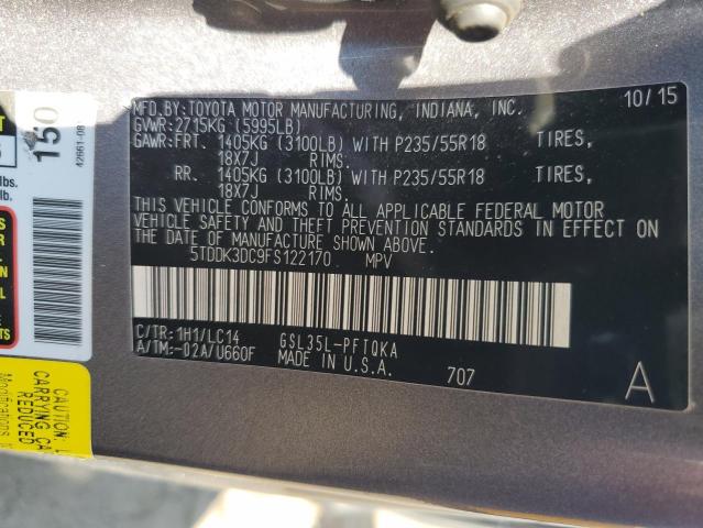 5TDDK3DC9FS122170 - 2015 TOYOTA SIENNA XLE 灰色 照片 14