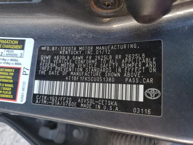 4T1BF1FK5CU051380 - 2012 TOYOTA CAMRY BASE Boz foto 12