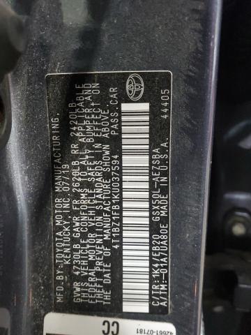 4T1BZ1FB1KU037594 - 2019 TOYOTA AVALON XLE გრაფიტი ფოტო 12