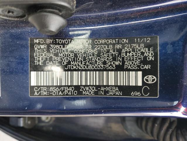 JTDKN3DU8D0337563 - 2013 TOYOTA PRIUS BLUE photo 12