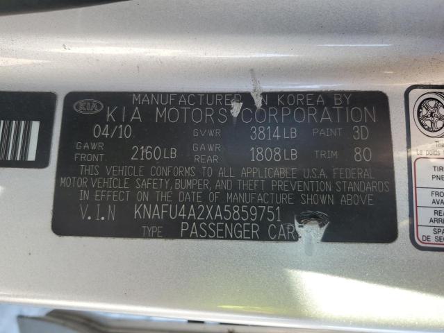 KNAFU4A2XA5859751 - 2010 KIA FORTE EX SILVER photo 12