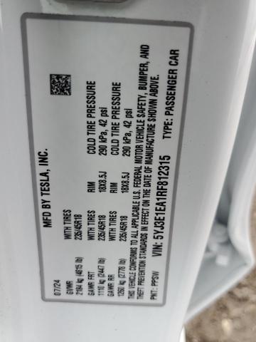 5YJ3E1EA1RF812315 - 2024 TESLA MODEL 3 Սպիտակ լուսանկար 12
