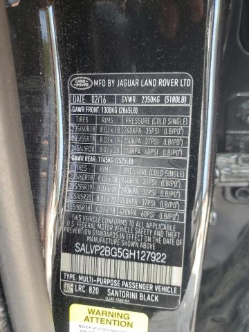 SALVP2BG5GH127922 - 2016 LAND ROVER RANGE ROVE SE BLACK photo 12