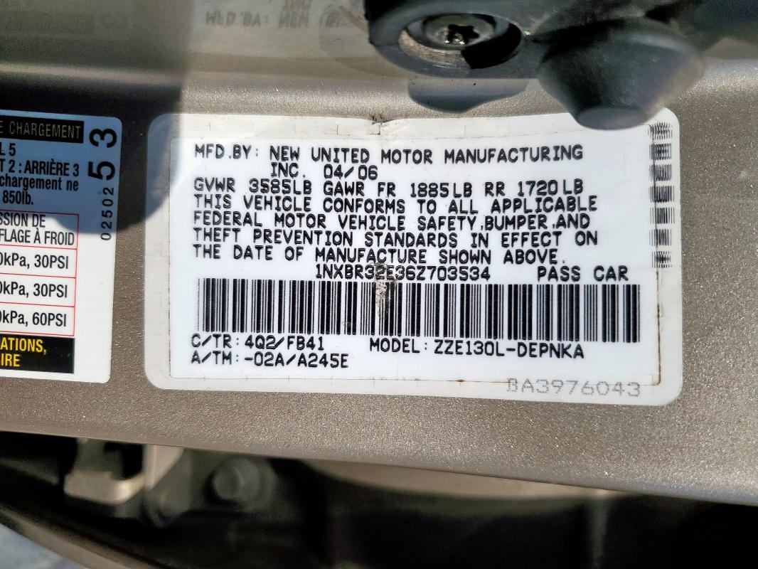 1NXBR32E36Z703534 - 2006 TOYOTA COROLLA CE 米色 照片 12