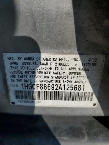 1HGCF86692A125681 - 2002 HONDA ACCORD VALUE ვერცხლისფერი ფოტო 12