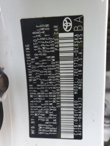 5YFBURHE2JP827331 - 2018 TOYOTA COROLLA L WHITE photo 13