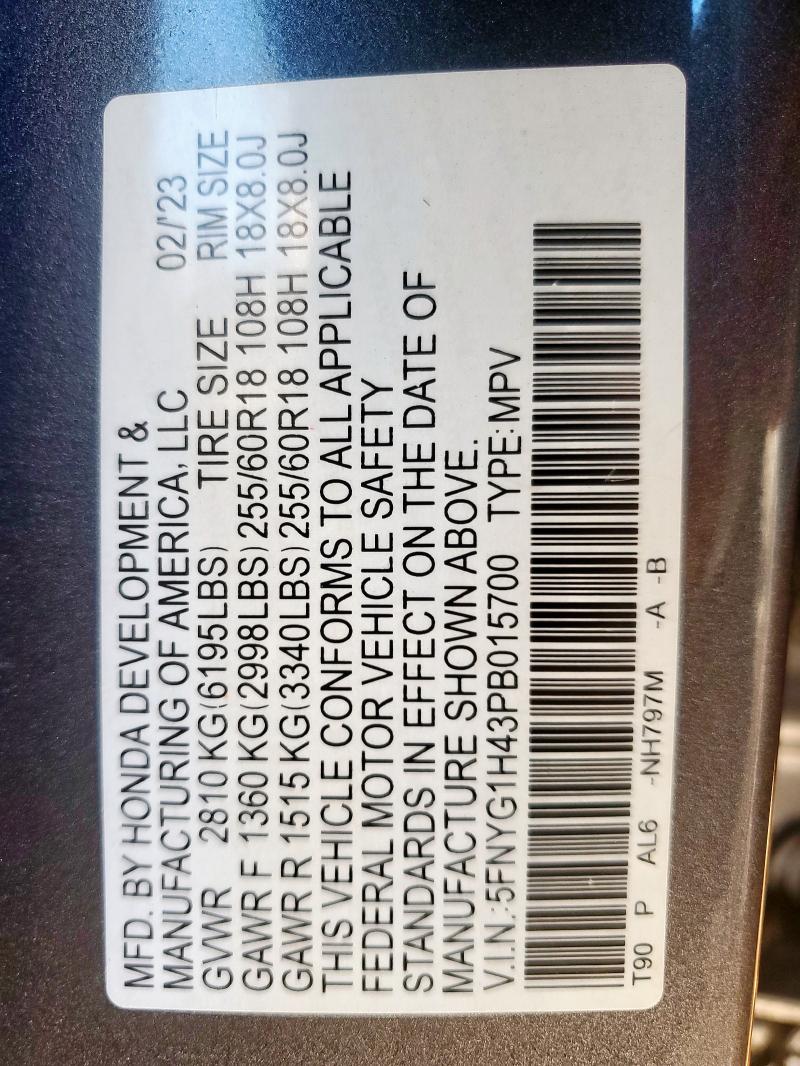 5FNYG1H43PB015700 - 2023 HONDA PILOT EXL GRAY photo 13