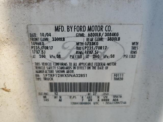 1FTRF12WX5NA32851 - 2005 FORD F150 WHITE photo 12