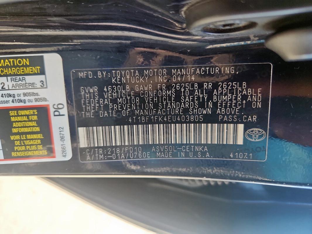 4T1BF1FK4EU403805 - 2014 TOYOTA CAMRY L BLACK photo 12