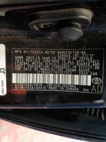 2T1BU4EE7BC557375 - 2011 TOYOTA COROLLA BASE BLACK photo 12