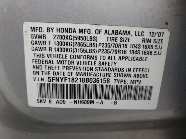 5FNYF18218B036158 - 2008 HONDA PILOT VP SILVER photo 13