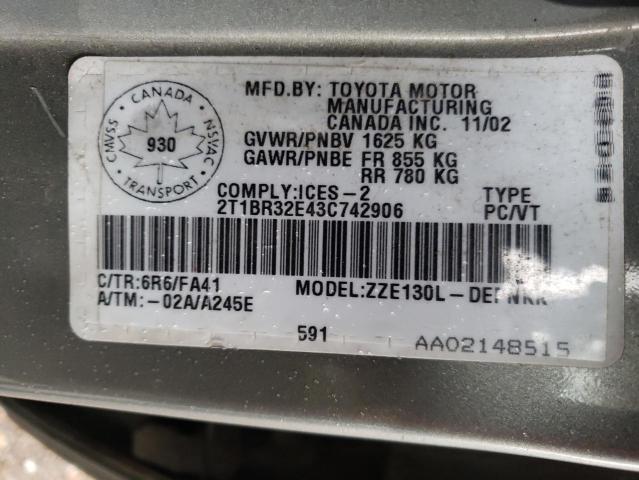 2T1BR32E43C742906 - 2003 TOYOTA COROLLA CE SILVER photo 12