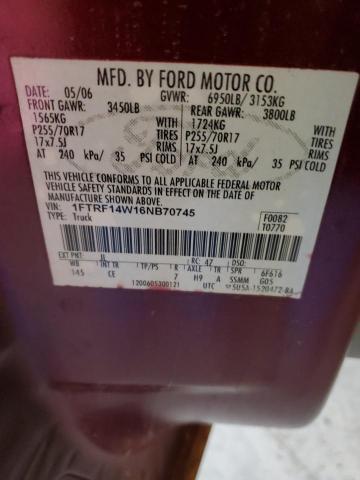 1FTRF14W16NB70745 - 2006 FORD F150 BURGUNDY photo 12