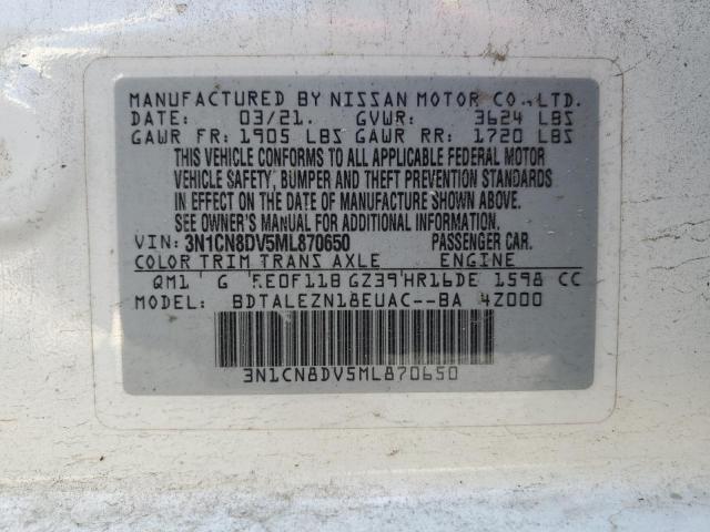 3N1CN8DV5ML870650 - 2021 NISSAN VERSA S თეთრი ფოტო 12