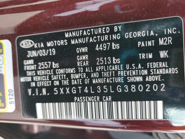 5XXGT4L35LG380202 - 2020 KIA OPTIMA LX MAROON photo 12