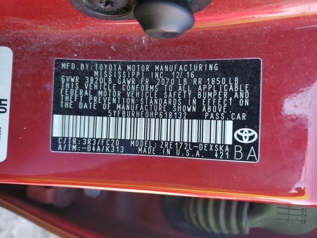 5YFBURHE0HP618132 - 2017 TOYOTA COROLLA L RED photo 12