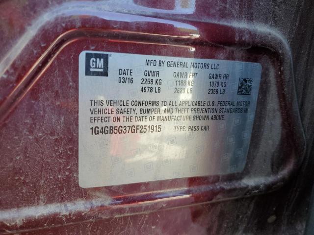 1G4GB5G37GF251915 - 2016 BUICK LACROSSE 勃艮第红 照片 12