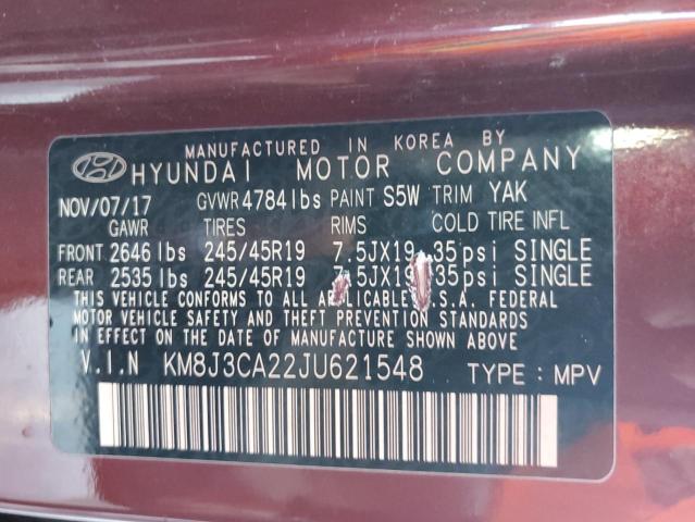 KM8J3CA22JU621548 - 2018 HYUNDAI TUCSON VALUE BURGUNDY photo 13