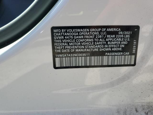 1VWSA7A32NC003511 - 2022 VOLKSWAGEN PASSAT SE WHITE photo 12