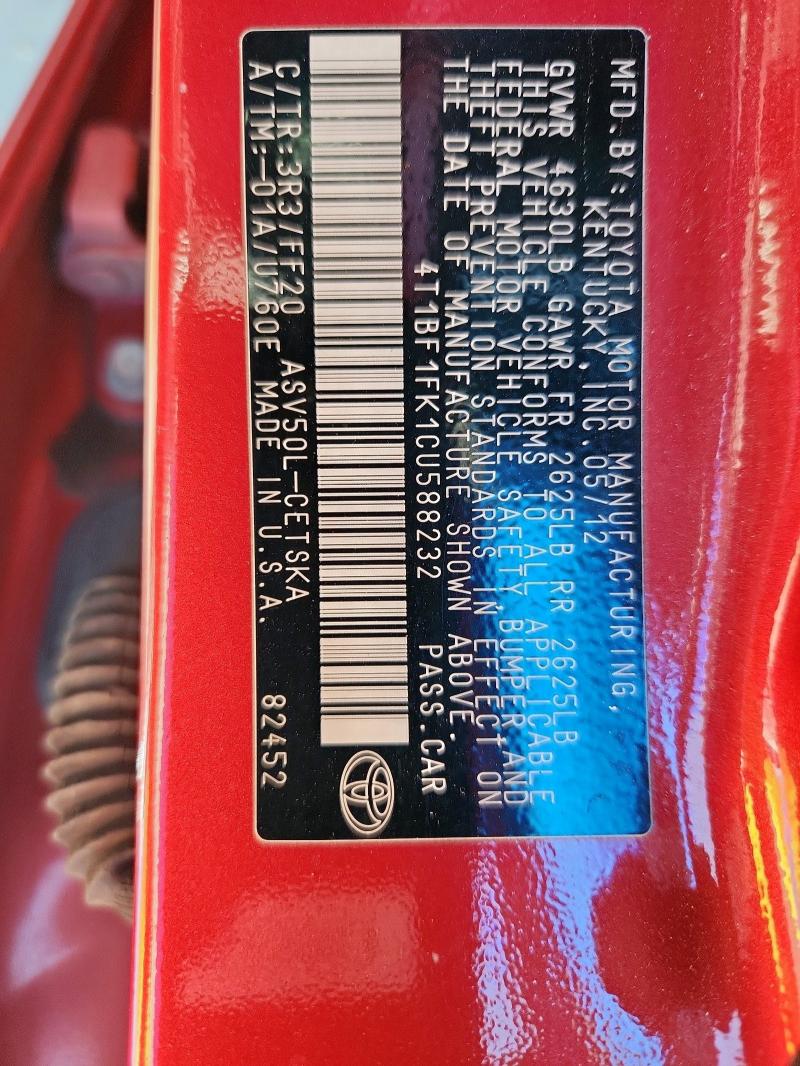 4T1BF1FK1CU588232 - 2012 TOYOTA CAMRY BASE RED photo 13