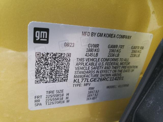 KL77LGE26RC114201 - 2024 CHEVROLET TRAX 1RS YELLOW photo 12