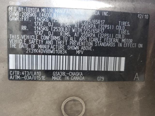 2T3YK4DV8BW010834 - 2011 TOYOTA RAV4 LIMITED GRAY photo 14