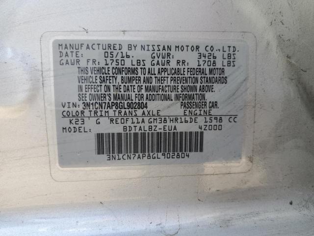 3N1CN7AP8GL902804 - 2016 NISSAN VERSA S SILVER photo 12