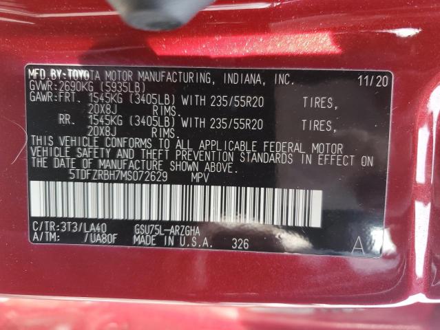 5TDFZRBH7MS072629 - 2021 TOYOTA HIGHLANDER PLATINUM RED photo 13