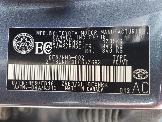 2T1BURHE3GC657683 - 2016 TOYOTA COROLLA L GRAY photo 12