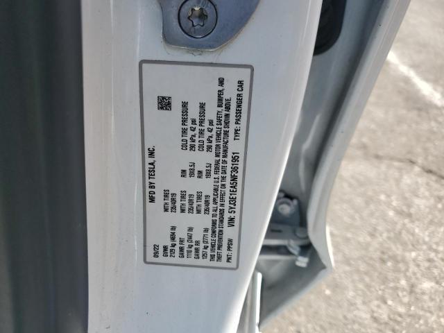 5YJ3E1EA5NF361951 - 2022 TESLA MODEL 3 Blanco foto 12