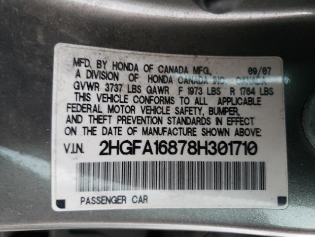 2HGFA16878H301710 - 2008 HONDA CIVIC EX GRAY photo 12