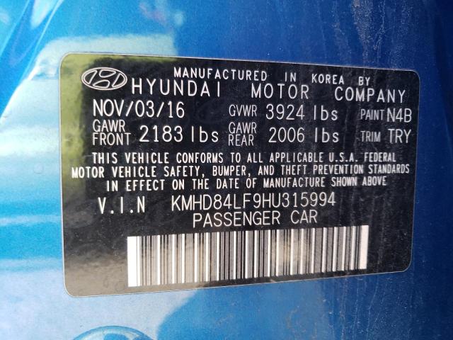 KMHD84LF9HU315994 - 2017 HYUNDAI ELANTRA SE BLUE photo 12