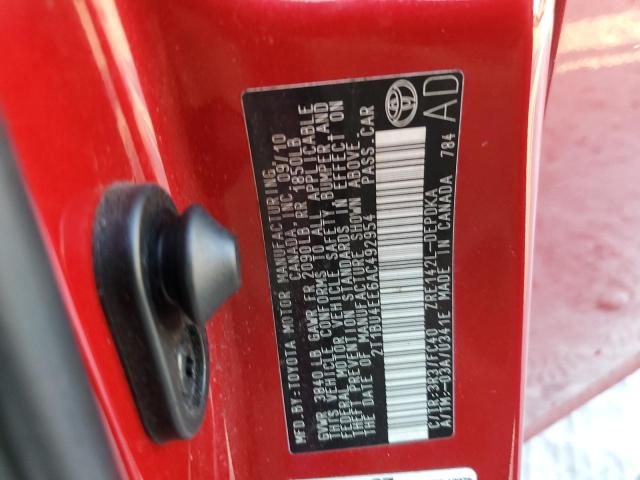2T1BU4EE6AC492954 - 2010 TOYOTA COROLLA BASE RED photo 12