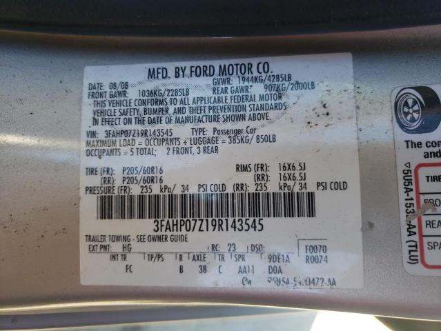 3FAHP07Z19R143545 - 2009 FORD FUSION SE SILVER photo 12